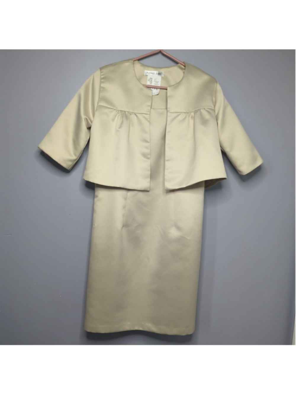 Vintage 90s Alfred Sung Palomino Satin Sheath Dress & Cropped Jacket Set Sz 12